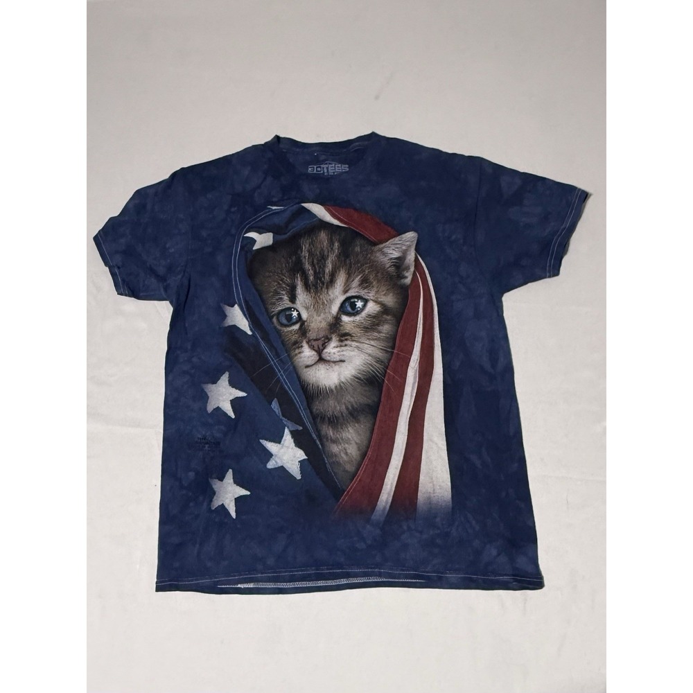 The Mountain Brand Kitten With Flag Medium Blue Tie-Dyed T-Shirt